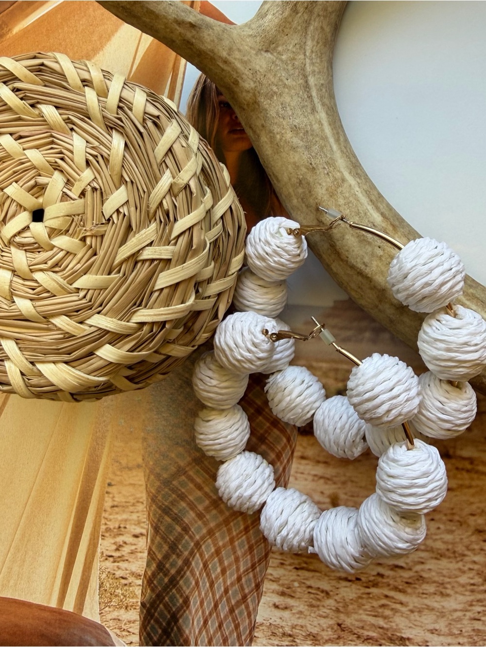 Woven Rattan Ball Hoop Earrings Gold Tone Boho Statement Like New